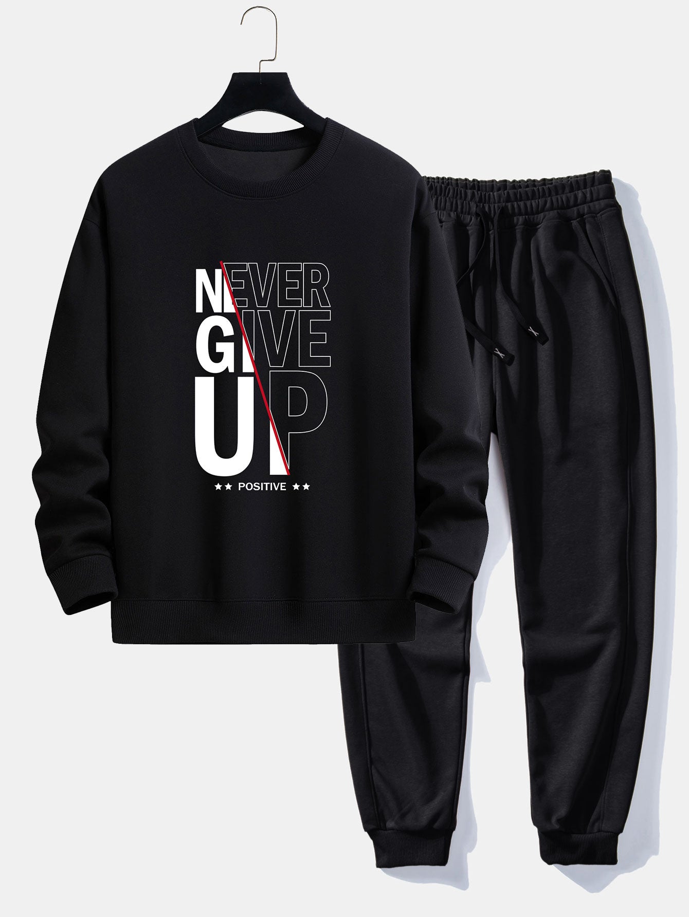 Afram® | Never Give Up Print Relax Fit Sweatshirt & Basic Jogging Pants
