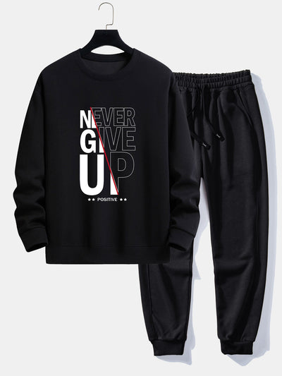 Afram® | Never Give Up Print Relax Fit Sweatshirt & Basic Jogging Pants
