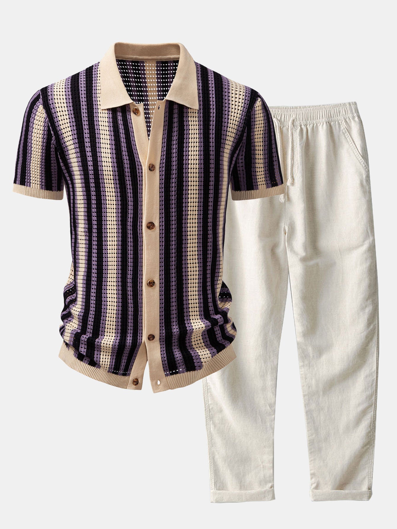 hola STRIPED SHIRT WITH CROCHET EYELETS & STRAIGHT LEG LINEN PANTS