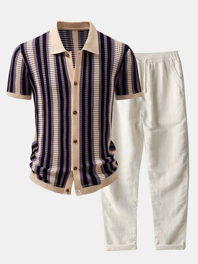 hola STRIPED SHIRT WITH CROCHET EYELETS & STRAIGHT LEG LINEN PANTS