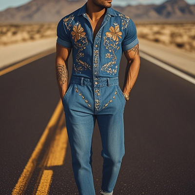 Men's Smmer Fashion Casal Classic Western Style Tencel DeniEmbroidered Jmpsit