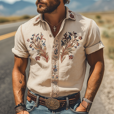 Men's Smmer Fashion Classic Retro Western Style Embroidered Cotn and Linen Short Sleeve Shirt