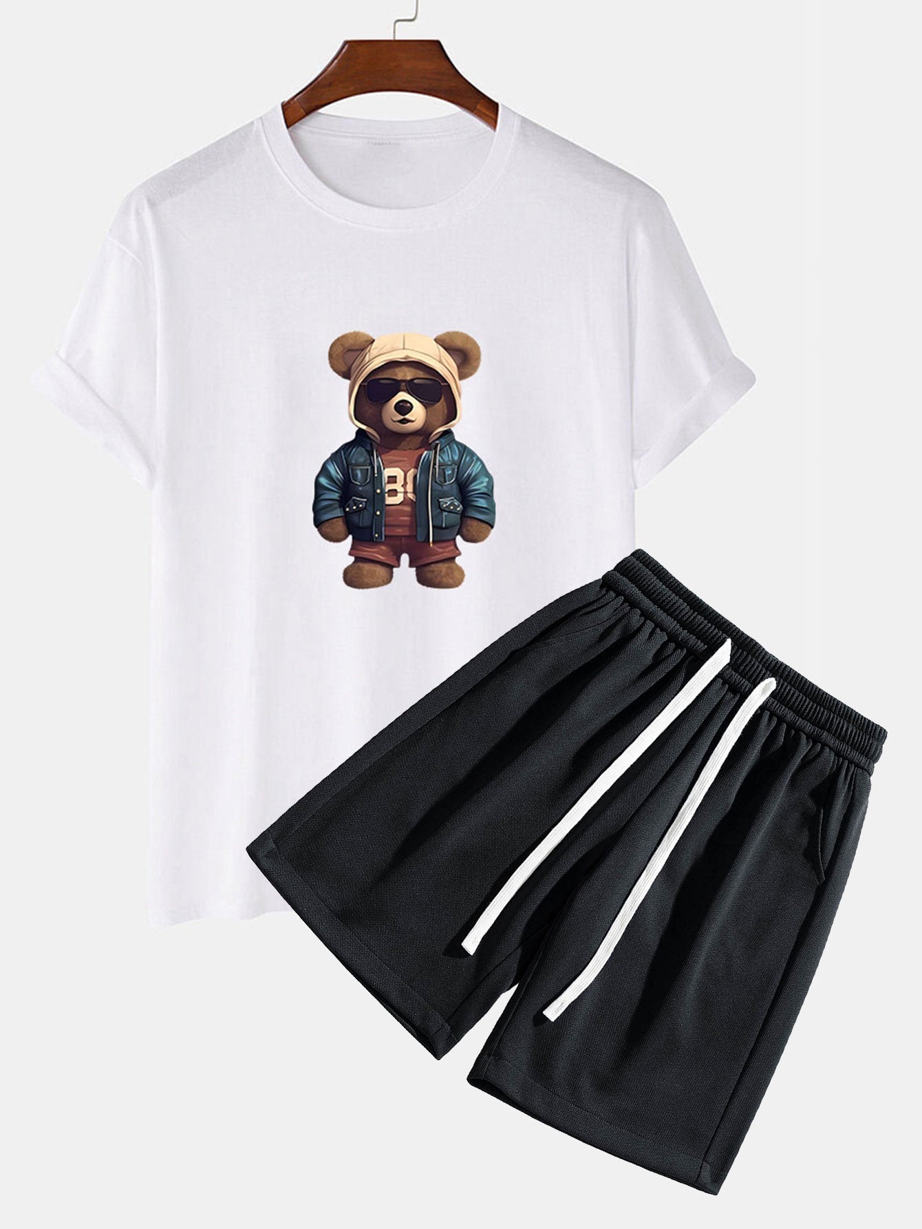 Adriano® | Bear In Leather Jacket Print T-Shirt & Textured Shorts