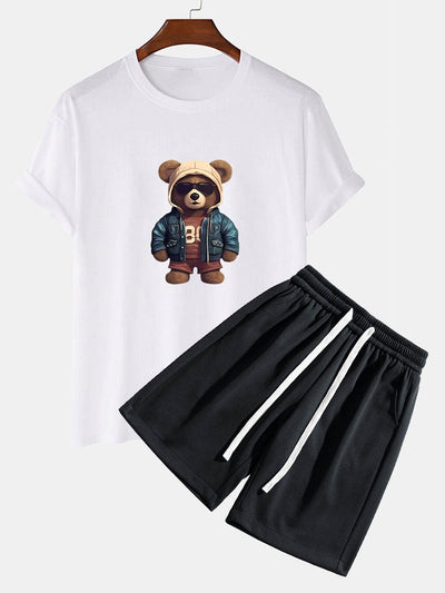 Adriano® | Bear In Leather Jacket Print T-Shirt & Textured Shorts
