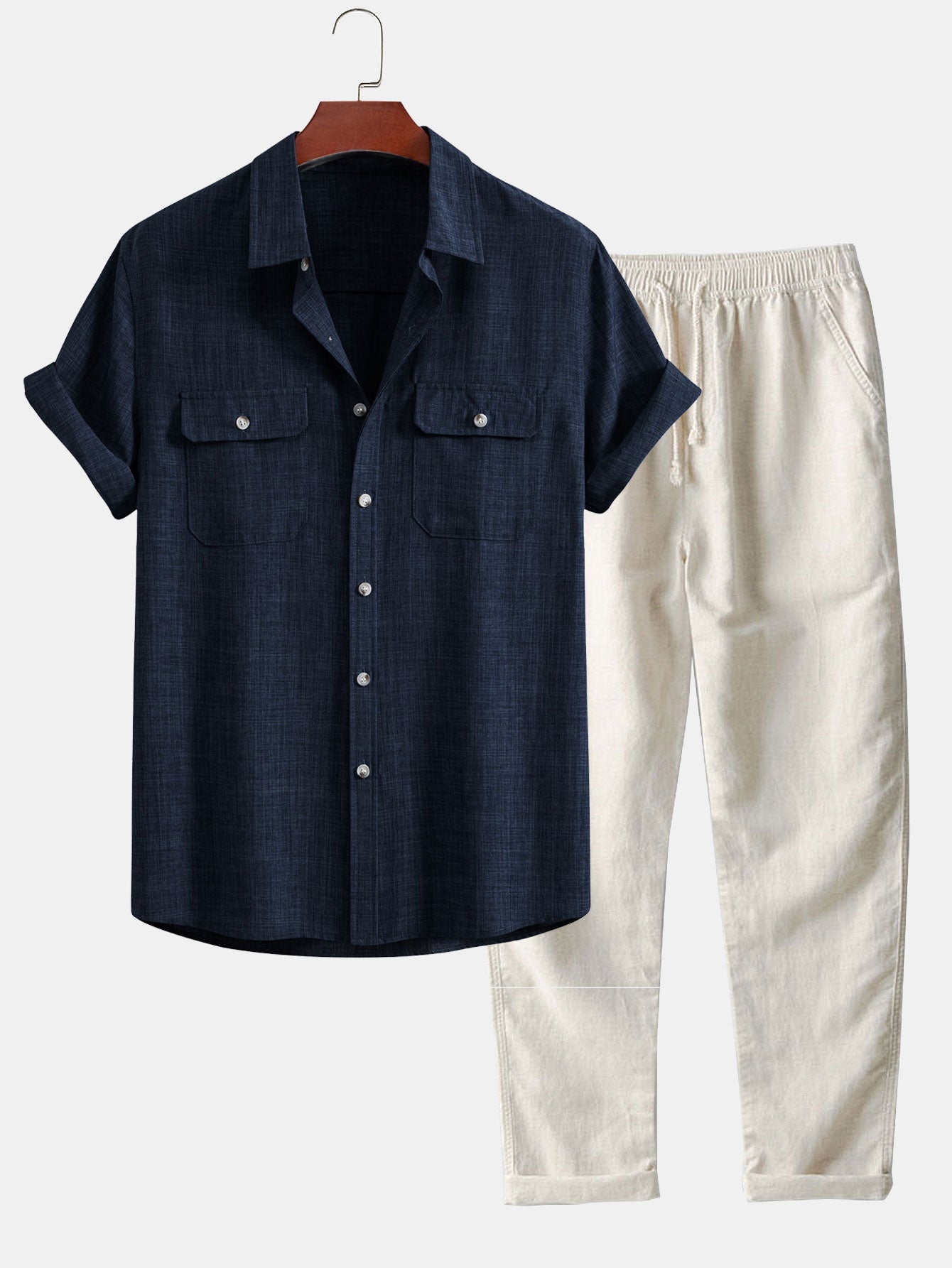 Harry® | Textured Button Up Shirt With Two Pockets & Straight Leg Linen Pants