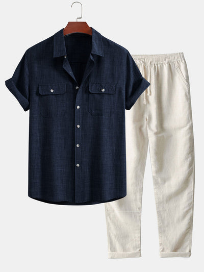 Harry® | Textured Button Up Shirt With Two Pockets & Straight Leg Linen Pants