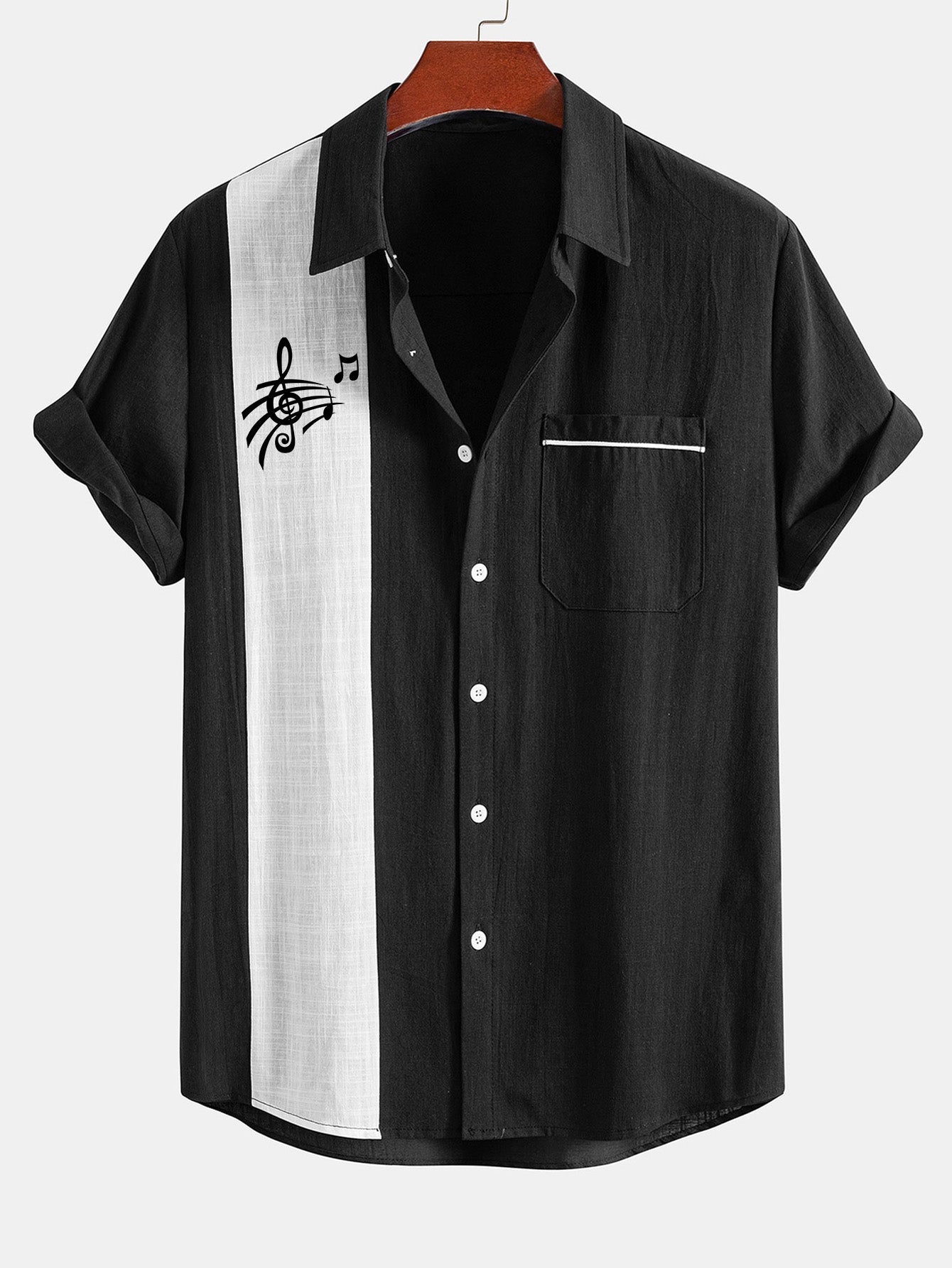 Leopoldo® | Musical Note Print Linen Look Contrast Button Up Shirt