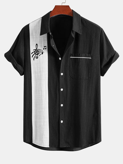 Leopoldo® | Musical Note Print Linen Look Contrast Button Up Shirt