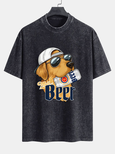 Jano® | Beer Dog Print Washed Distressed Drop Shoulder T-Shirt