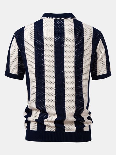 Dylan | Striped Eyelet Knit Zip Up Polo Shirt