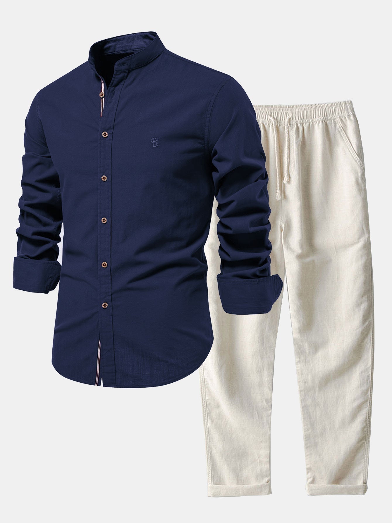 Florentino® | Long Sleeve Linen Look Stand Collar Shirt & Straight Leg Linen Pants