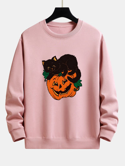 Benicio® | Pumpkin Black Cat Print Relax Fit Sweatshirt