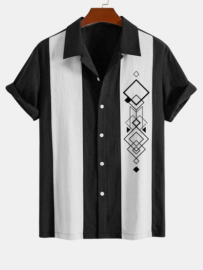 Liberio® | Geometric Rhombus Print Linen Look Patchwork Bowling Shirt