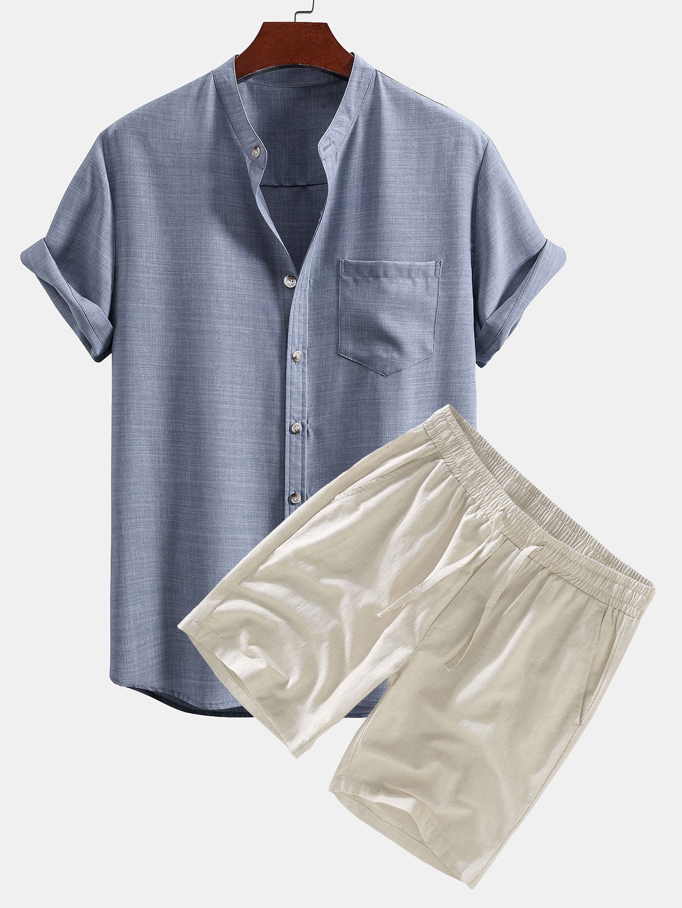 Agustin® | Short Sleeve Stand Collar Shirt & Linen Drawstring Shorts
