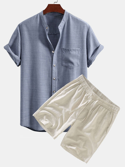 Agustin® | Short Sleeve Stand Collar Shirt & Linen Drawstring Shorts