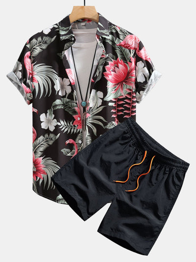 Urbano® | Flamingo Flower Print Button Up Shirt & Swim Shorts