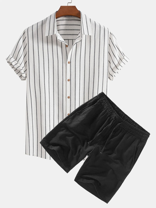 Adelphius® | Cotton Blend Striped Button Up Shirt & Linen Drawstring Shorts