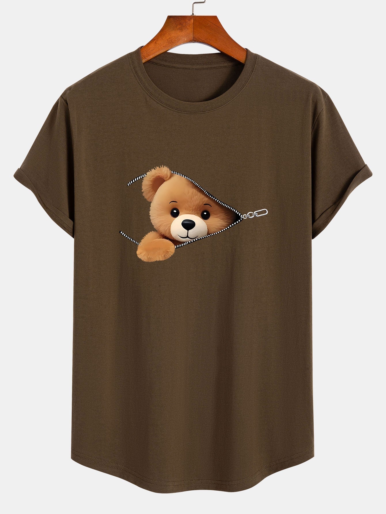 Gustavo® | Zipper Bear Print Cotton Arc Hem T-Shirt