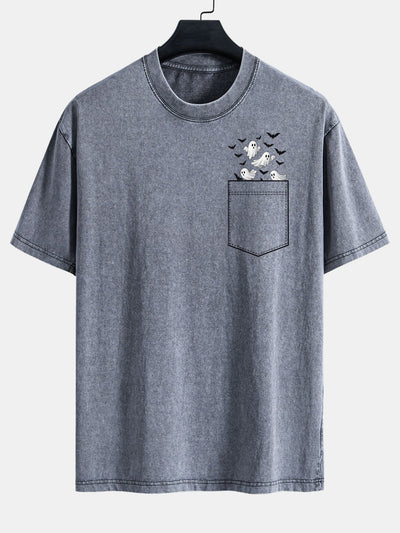 Bardo® | Pocket Bat Ghost Print Washed Distressed Drop Shoulder T-Shirt