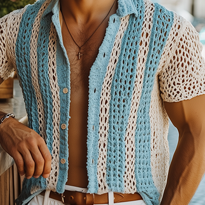 Melvin | Men'S Summer Fashion Casual Knitted Hollow Vertical Striped Short-Sleeved Shirt