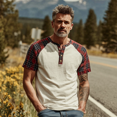 Yves | Men'S Spring And Summer Fashion Casual Bamboo Cotton Splicing Plaid Henry Collar Short Sleeve T-Shirt