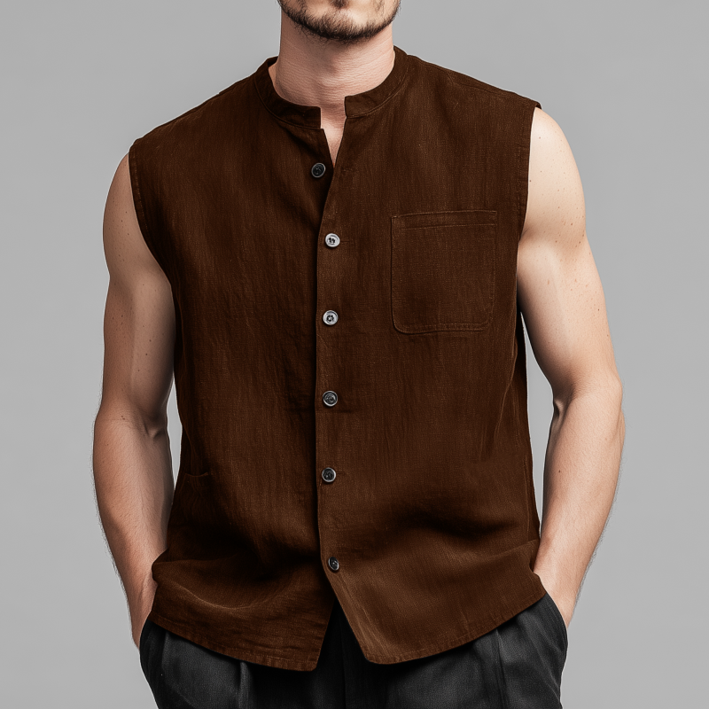 Jack | Men'S Vintage Faux Suede Stand Collar Single Breasted Patch Pocket Loose Sleeveless Shirt
