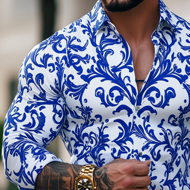 Men's Retro Casal Ble And White Porcelain Print Lapel Long Sleeve Shirt