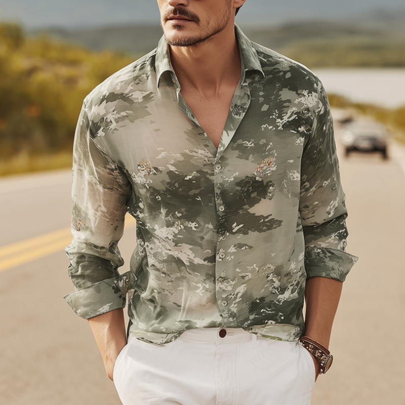Augusto | Men'S Spring And Summer Fashion Casual Chiffon Slightly Transparent Sexy Art Print Long-Sleeved Shirt