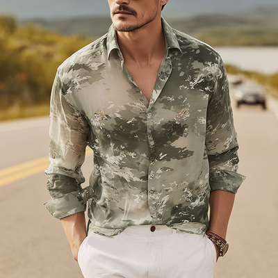 Augusto | Men'S Spring And Summer Fashion Casual Chiffon Slightly Transparent Sexy Art Print Long-Sleeved Shirt