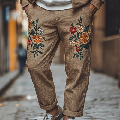 Chip | Men'S Vintage Elegant Flower Embroidery Breathable Linen Straight Pants