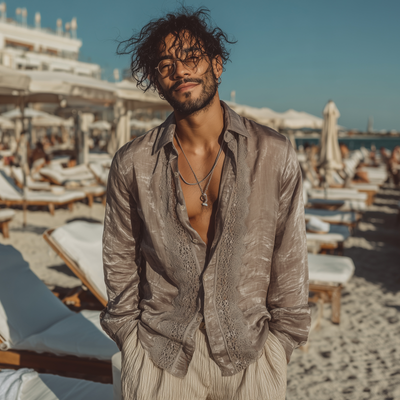 Benjamin | Men'S Casual Solid Color Tencel Patchwork Lace Lapel Loose Long Sleeve Shirt