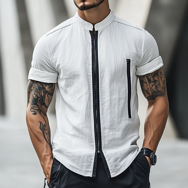 Jeffrey | Men'S Retro Casual Linen Zipper Stand Collar Short Sleeve Shirt