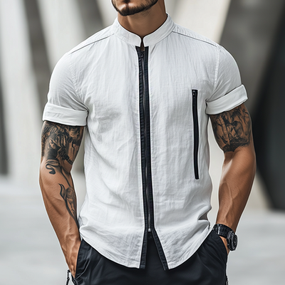 Jeffrey | Men'S Retro Casual Linen Zipper Stand Collar Short Sleeve Shirt