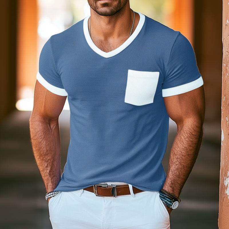 Clyde | Men'S Casual Cotton Blended Waffle Colorblock V-Neck Patch Pocket Slim Fit Short Sleeve T-Shirt
