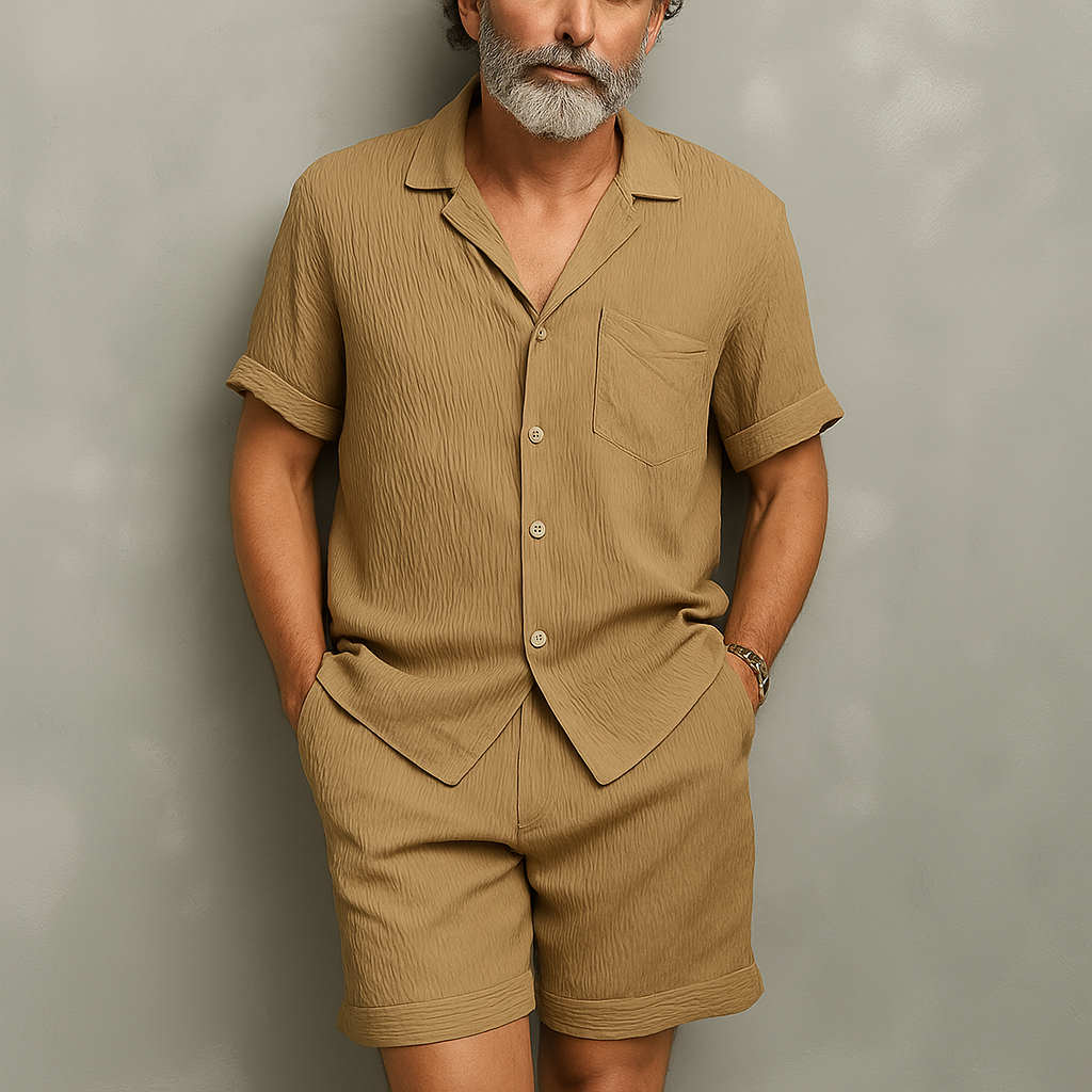 Sylvester | Men'S Summer Fashion Solid Color Wave Texture Polyester Short Sleeve Suit