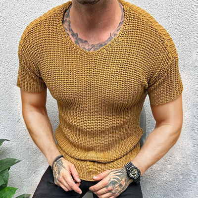 James | Men'S Retro Casual Solid Color V-Neck Knitted Short Sleeve T-Shirt