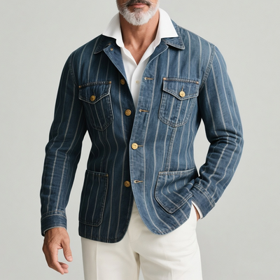 Thomas | Men'S Striped Denim Lapel Multi-Pocket Single Breasted Jacket