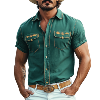 Cody | Men'S Casual American Western Tough Style Cotton Blend Embroidered Slim Short Sleeve Shirt