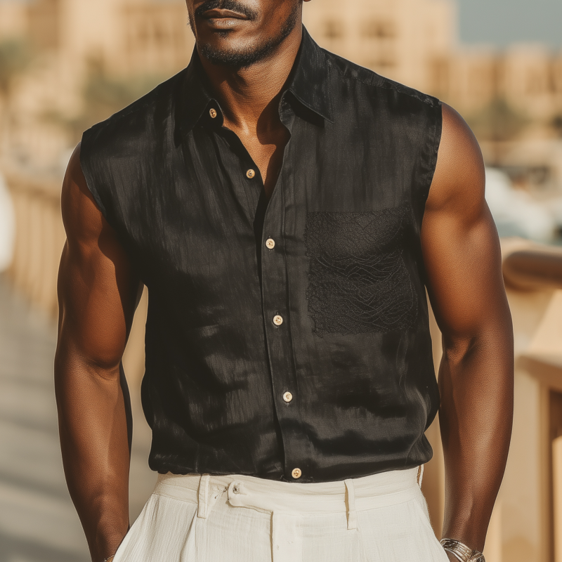 Bob | Men'S Casual Solid Color Tencel Blended Lapel Lace Patch Pocket Slim Fit Sleeveless Shirt
