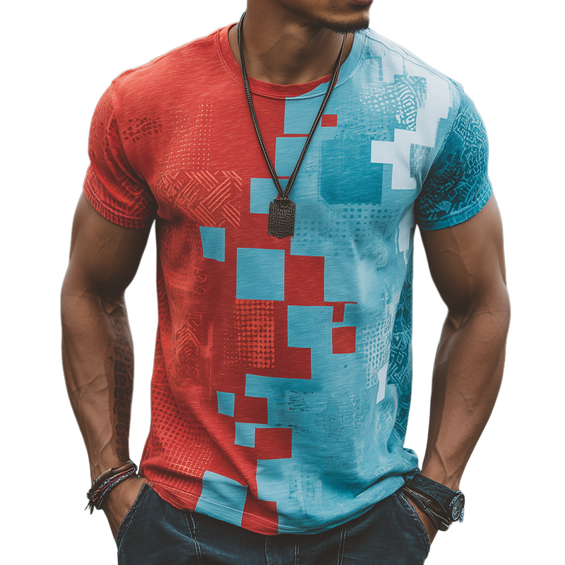 Dan | Men'S Retro Casual Contrast Color Geometric Print Round Neck Short Sleeve T-Shirt