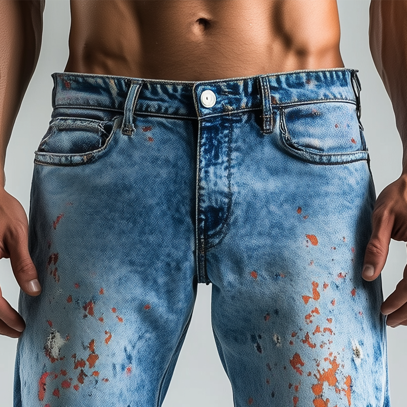 Johnny | Men'S Spring And Summer Fashion Casual Washed Denim Colorful Ink-Splashed Hem Shorts