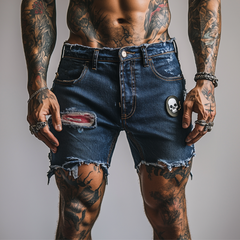 Gabriel | Men'S Skull Ripped Denim Shorts