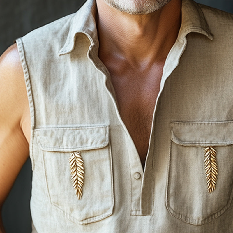 Kurt | Men'S Summer Wheat Ear Embroidery Cotton And Linen Polo Neck Tank Top