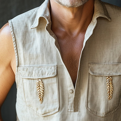 Kurt | Men'S Summer Wheat Ear Embroidery Cotton And Linen Polo Neck Tank Top