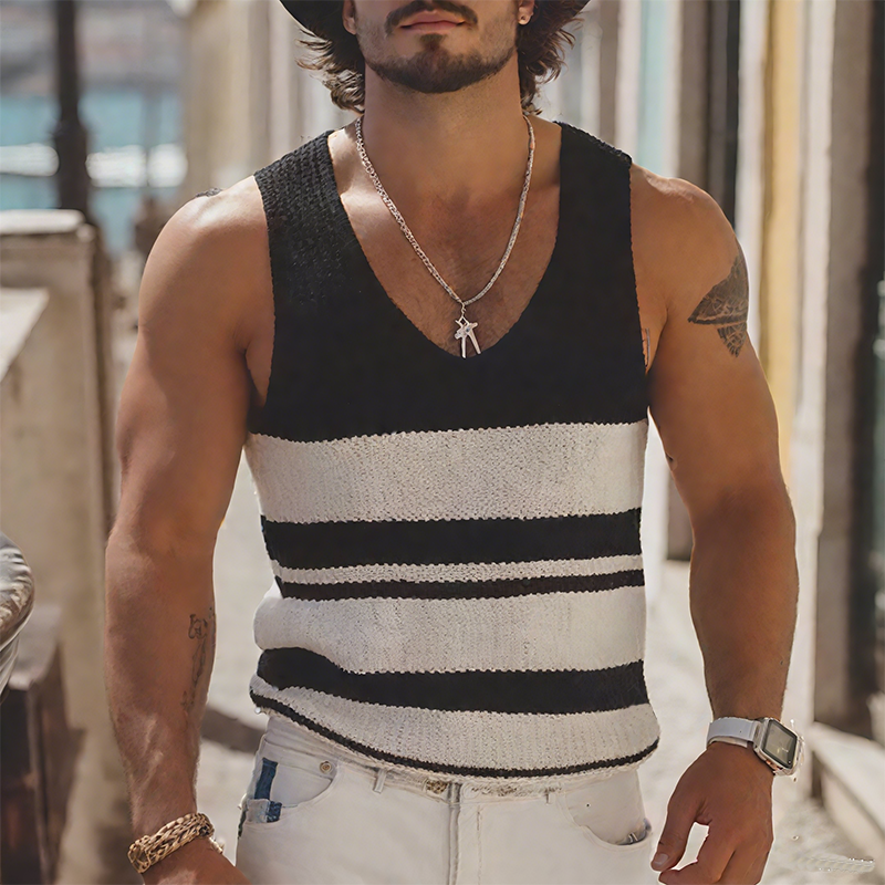 Michael | Men'S Summer Fashion Casual U-Neck Knitted Black And White Horizontal Striped Tank Top