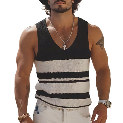 Michael | Men'S Summer Fashion Casual U-Neck Knitted Black And White Horizontal Striped Tank Top