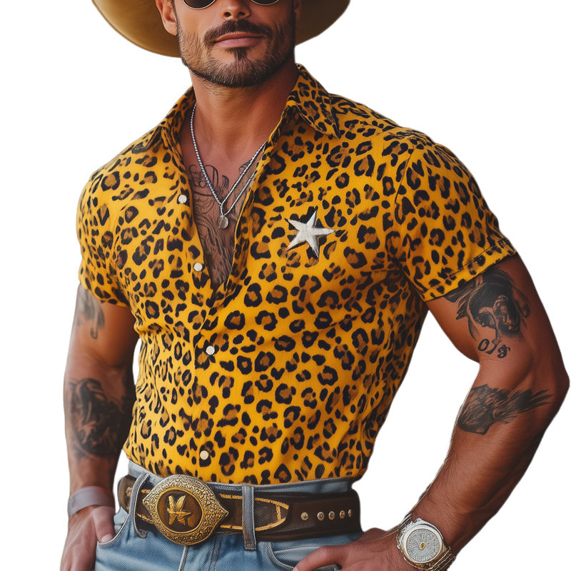 Javier | Men'S Summer Leopard Print Star Embroidery Short Sleeve Shirt