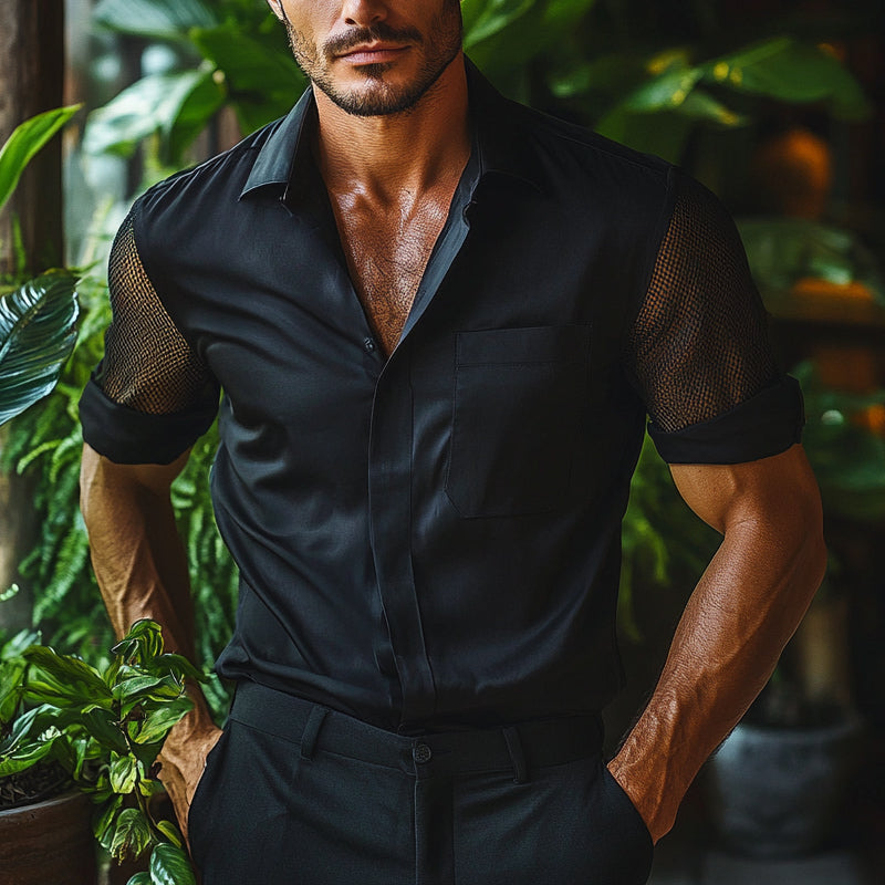 Jacob | Men'S Solid Color Mesh Short Sleeve Stitching Lapel Shirt