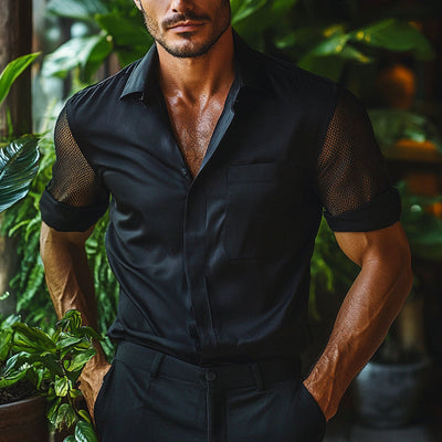Jacob | Men'S Solid Color Mesh Short Sleeve Stitching Lapel Shirt