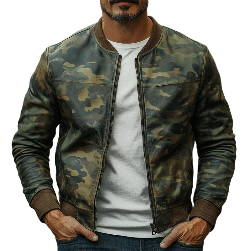 Men's Casal Camoflage Baseball Leather Jacket F